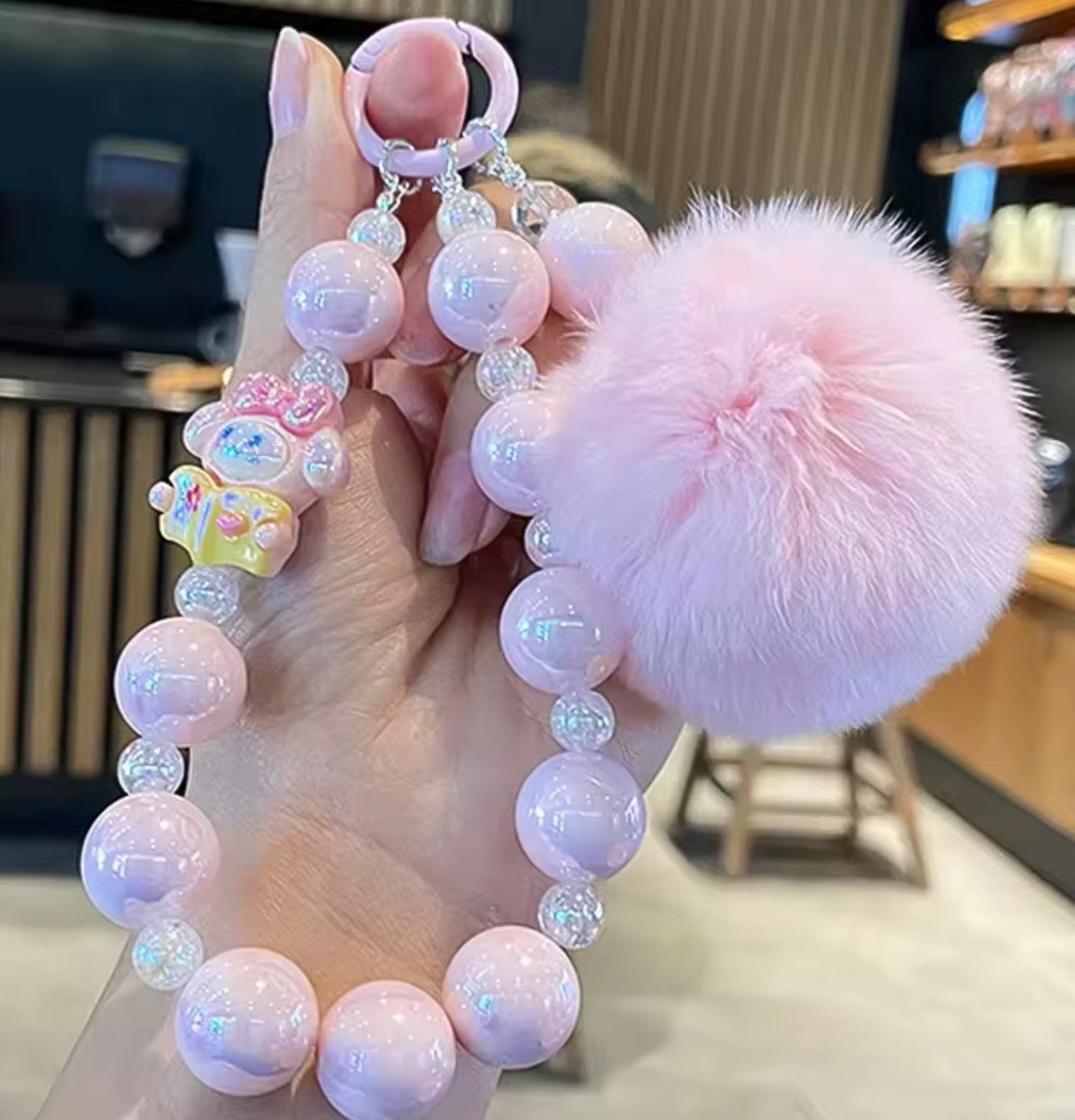 Beaded Pom Pom Keychain Wristlet with Character Charm