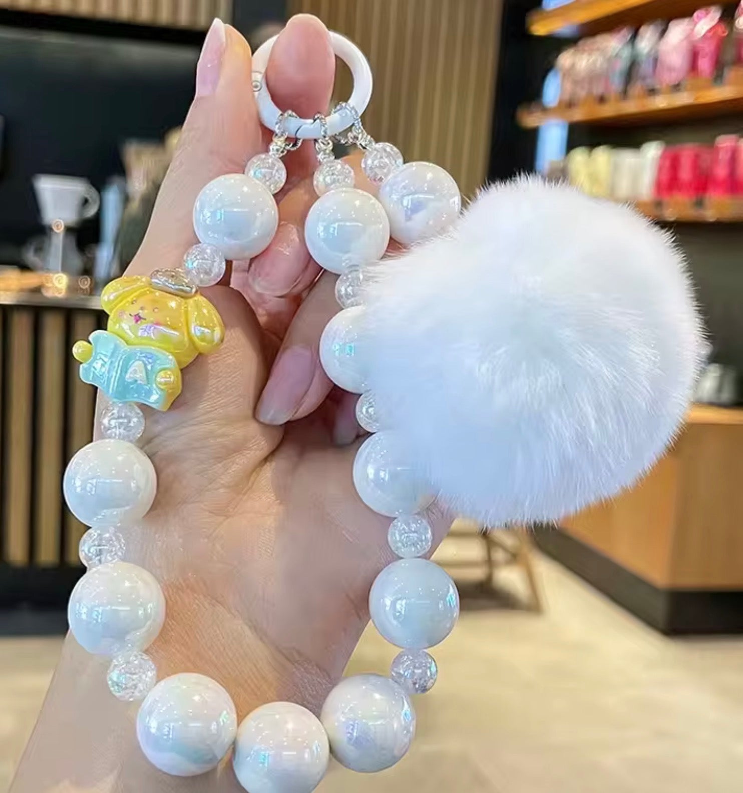 Beaded Pom Pom Keychain Wristlet with Character Charm