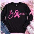 Believe Pink Ribbon Breast Cancer Awareness Long Sleeve Tee