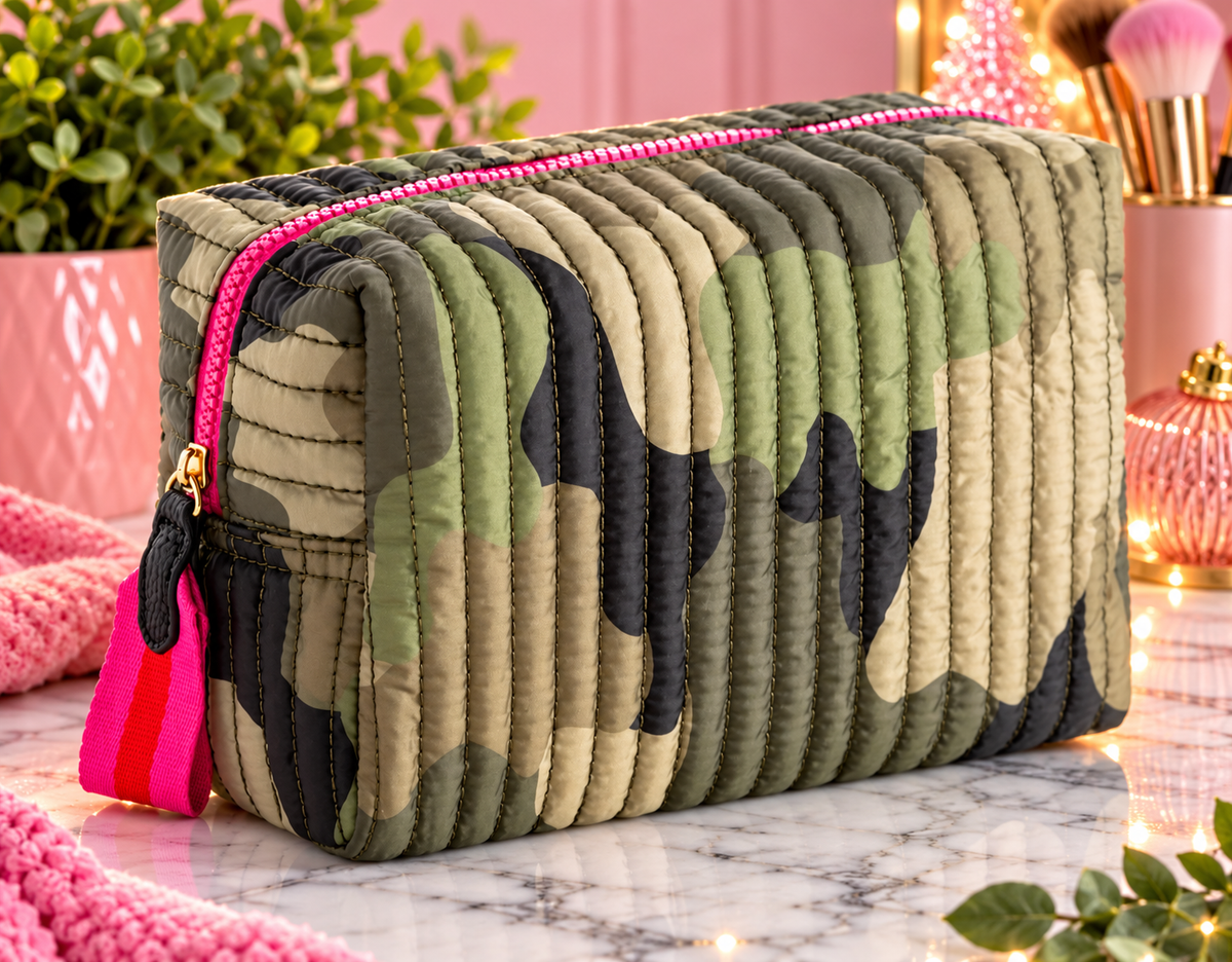 Camo Quilted Cosmetic Bag with Pink Zipper