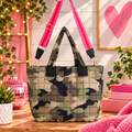 Camo Quilted Tote with Contrast Strap