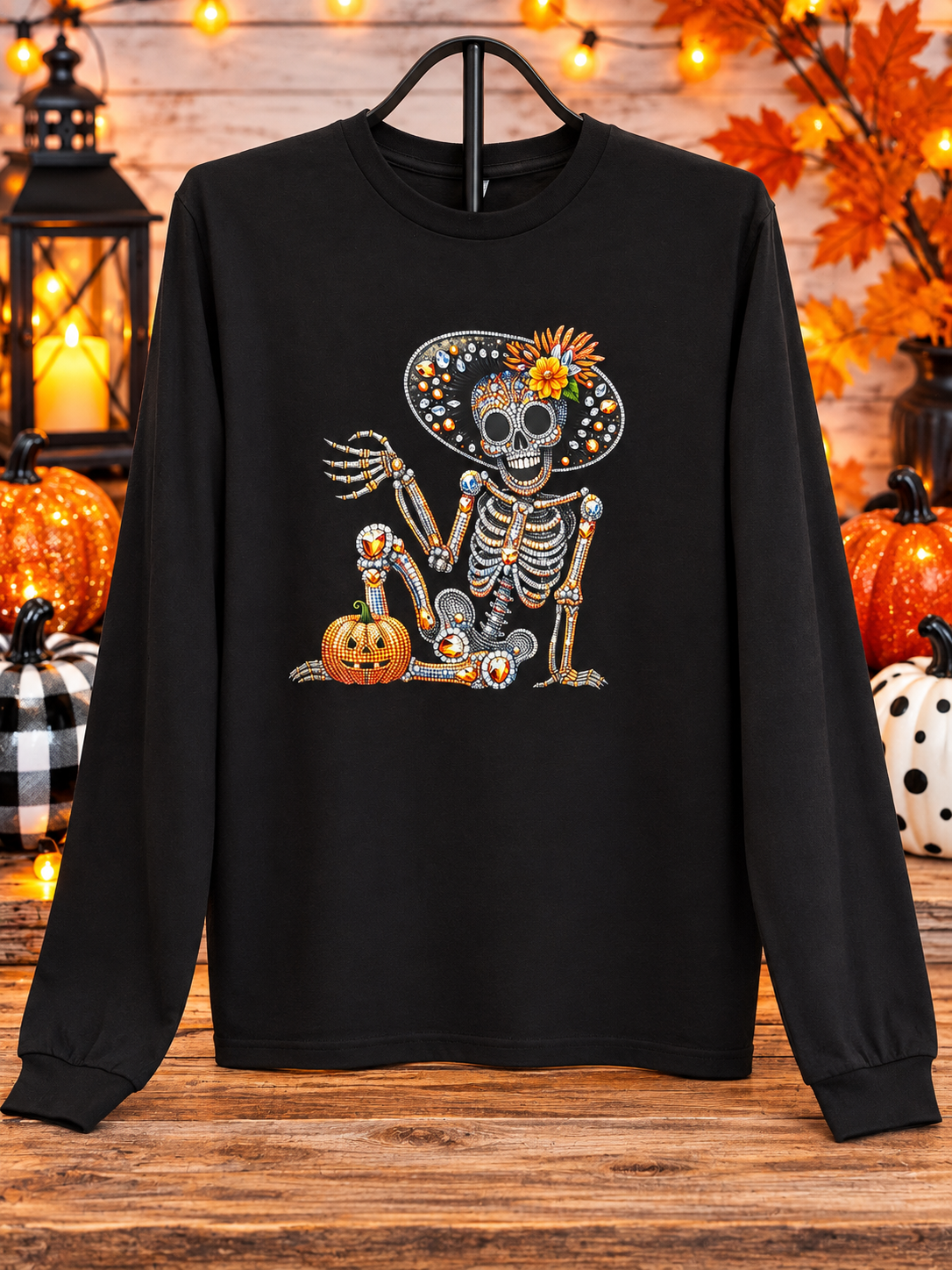 Faux Sparkle Skeleton Halloween Long Sleeve Tee