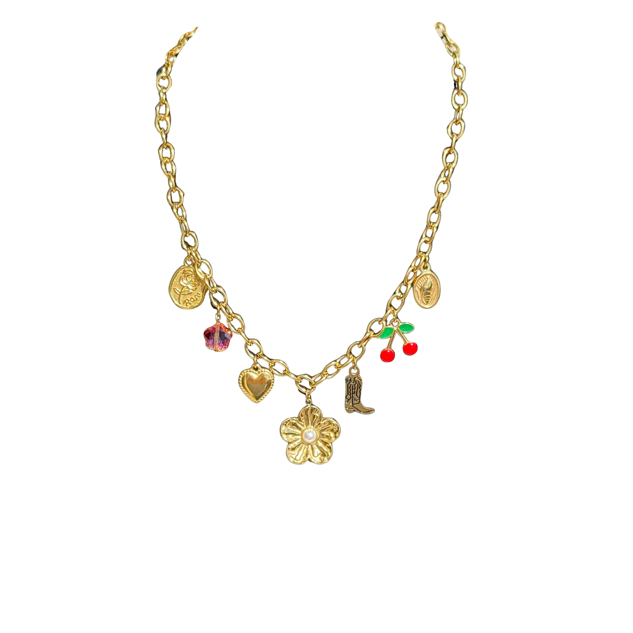 Gold Charm Necklace with Flower & Mixed Charms