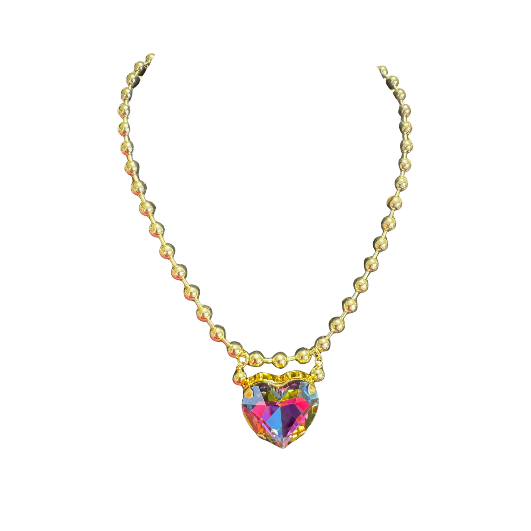 Gold Beaded Crystal Heart Necklace