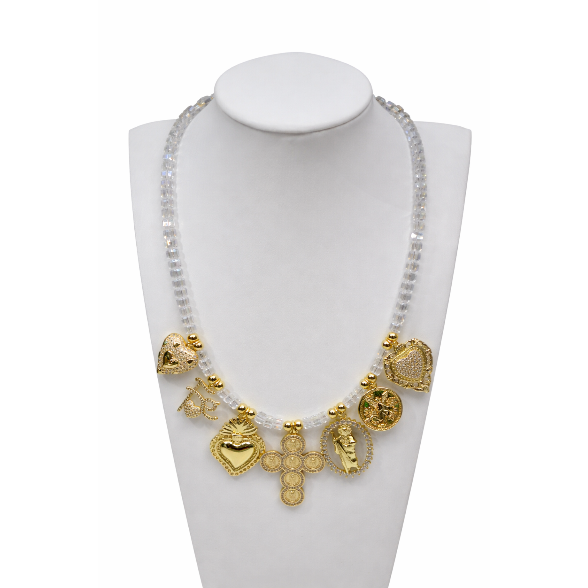 Gold Charm Cross & Heart Beaded Statement Necklace