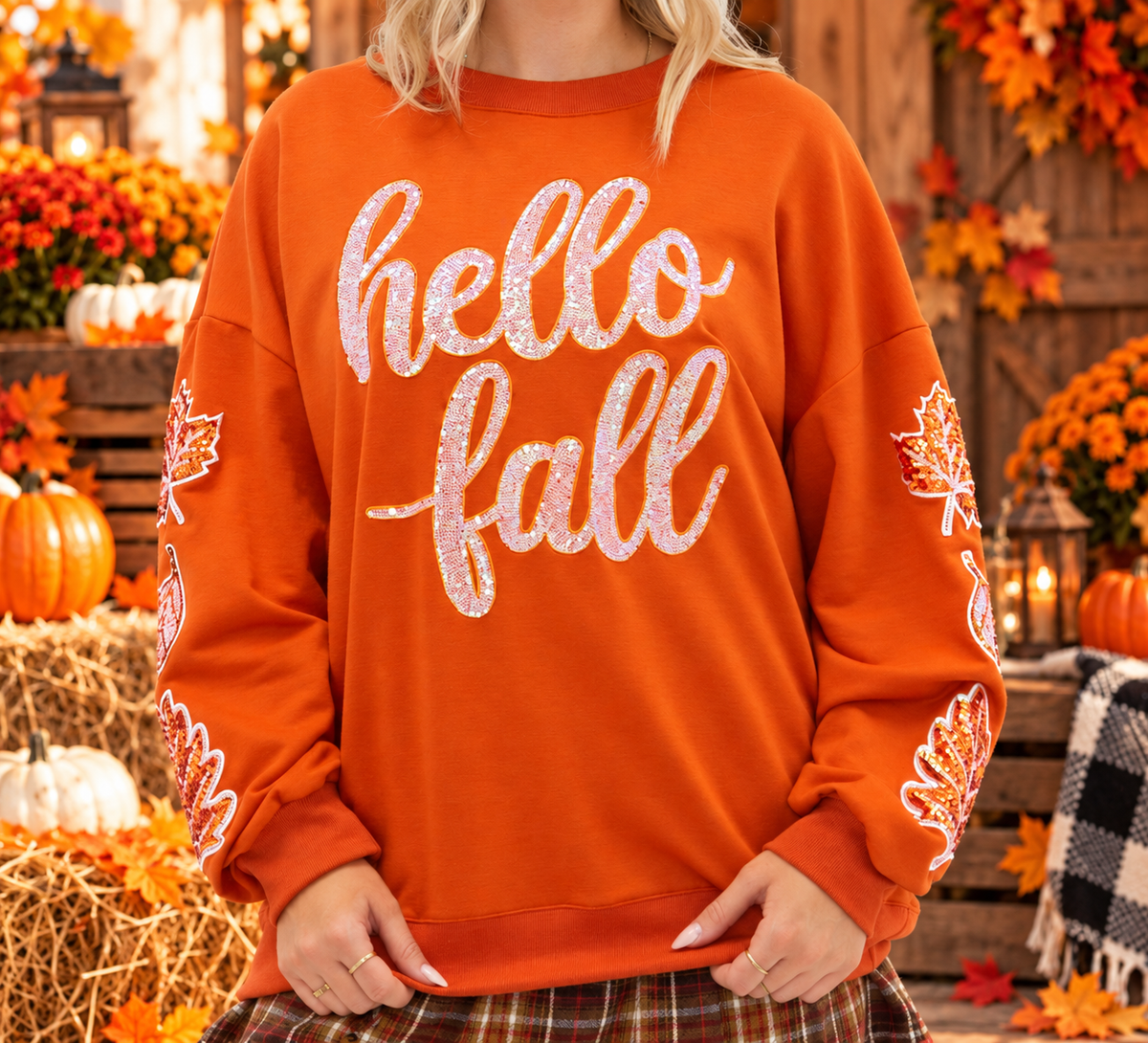 Hello Fall Sequin Leaf Lightweight Sweatshirt