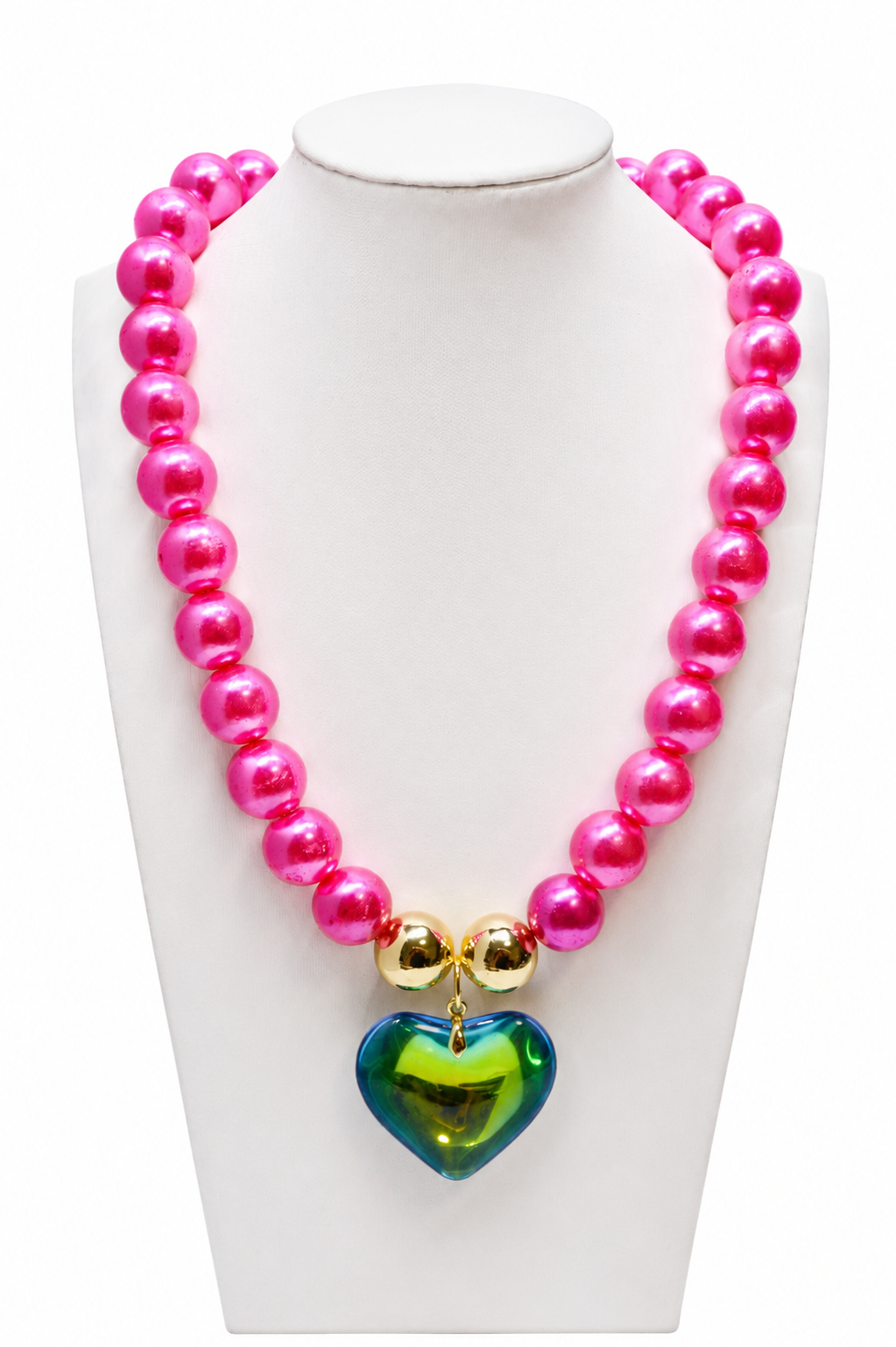 Hot Pink Beaded Necklace with Gold Accent & Crystal Heart Pendant