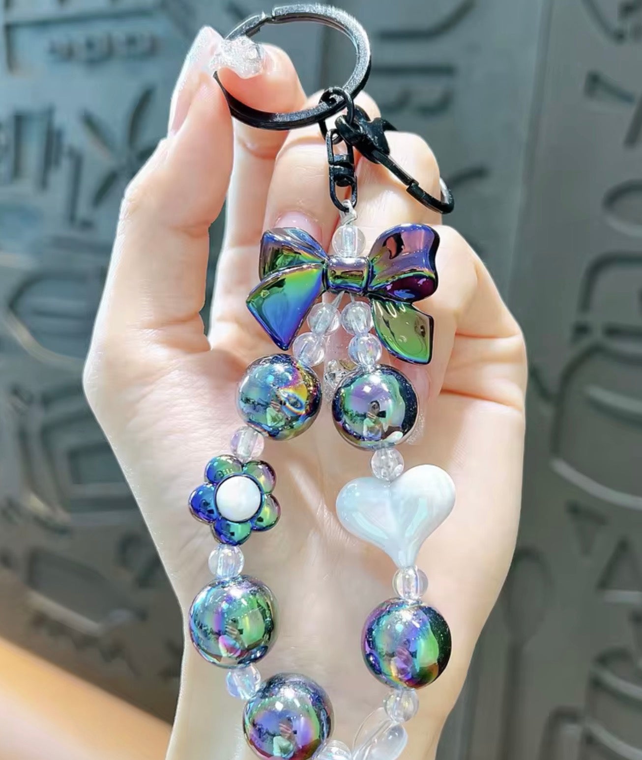 Iridescent Bow Beaded Wristlet Keychain