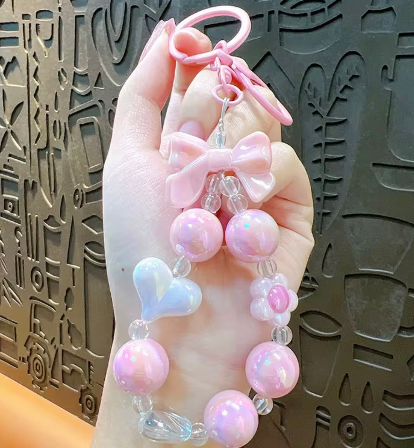 Iridescent Bow Beaded Wristlet Keychain