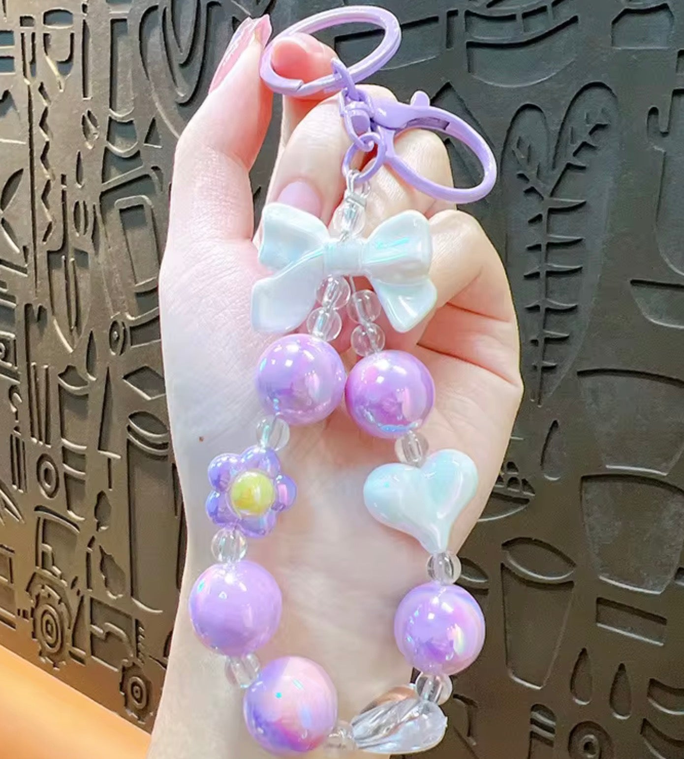 Iridescent Bow Beaded Wristlet Keychain