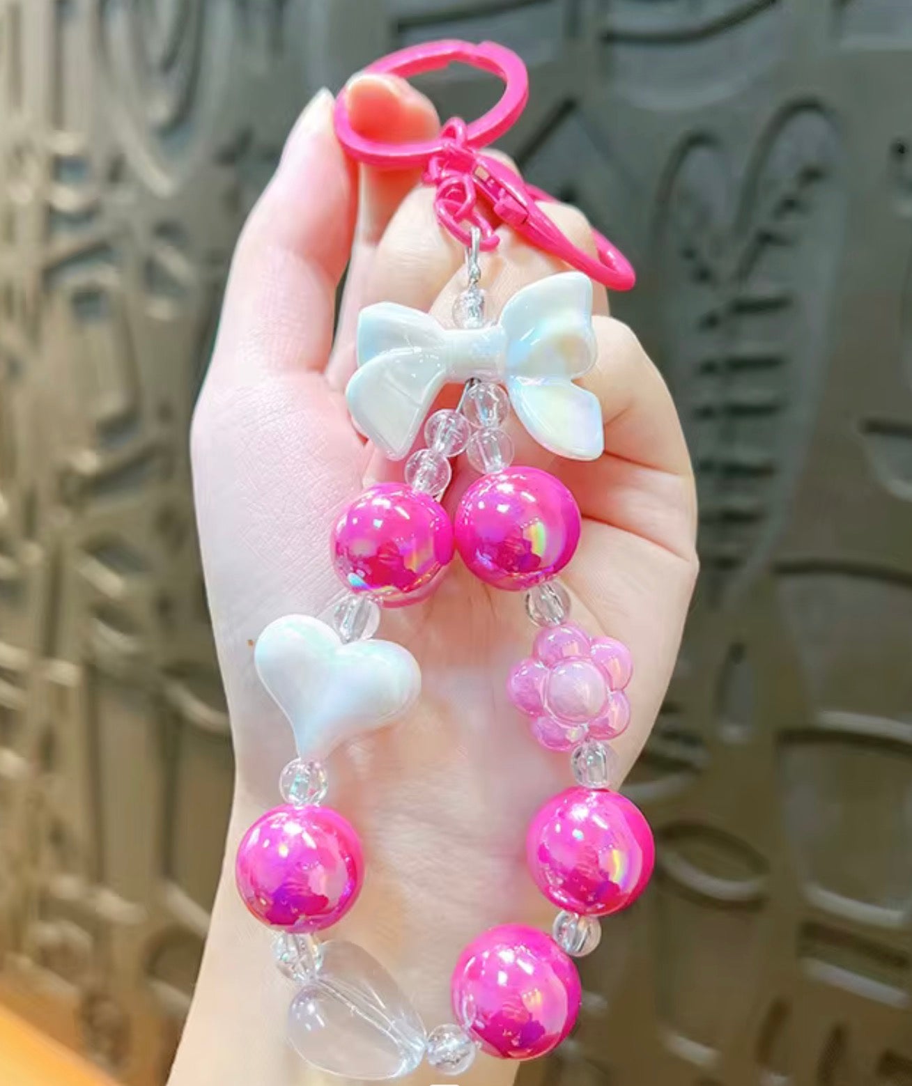 Iridescent Bow Beaded Wristlet Keychain