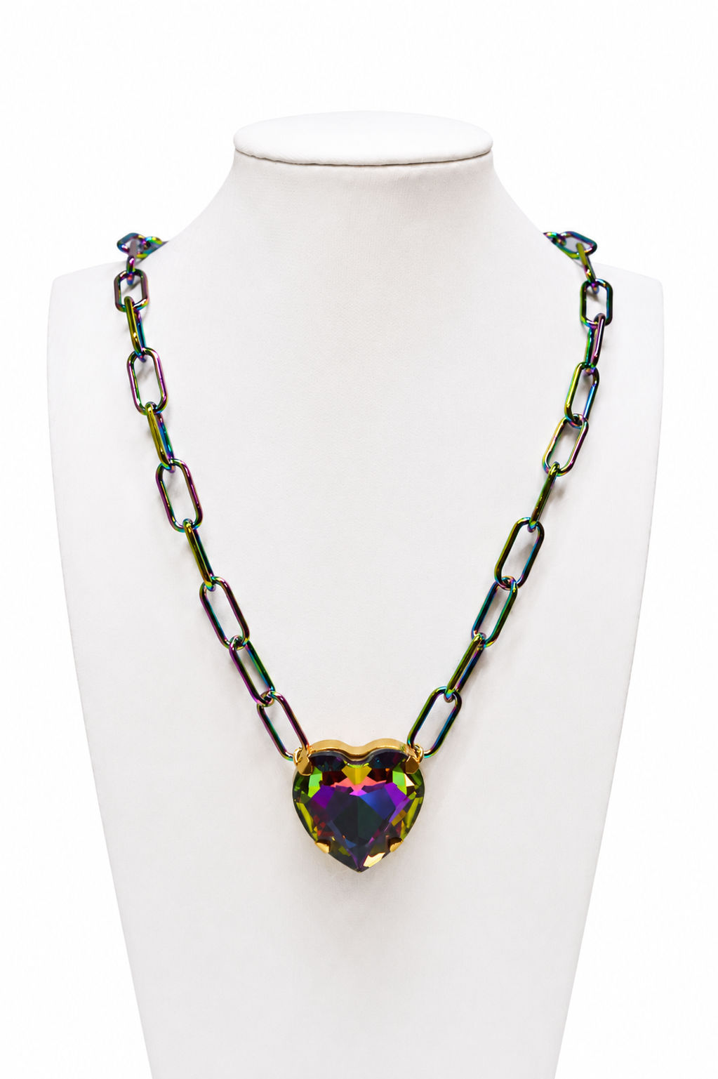 Iridescent Heart Pendant Paperclip Chain Necklace