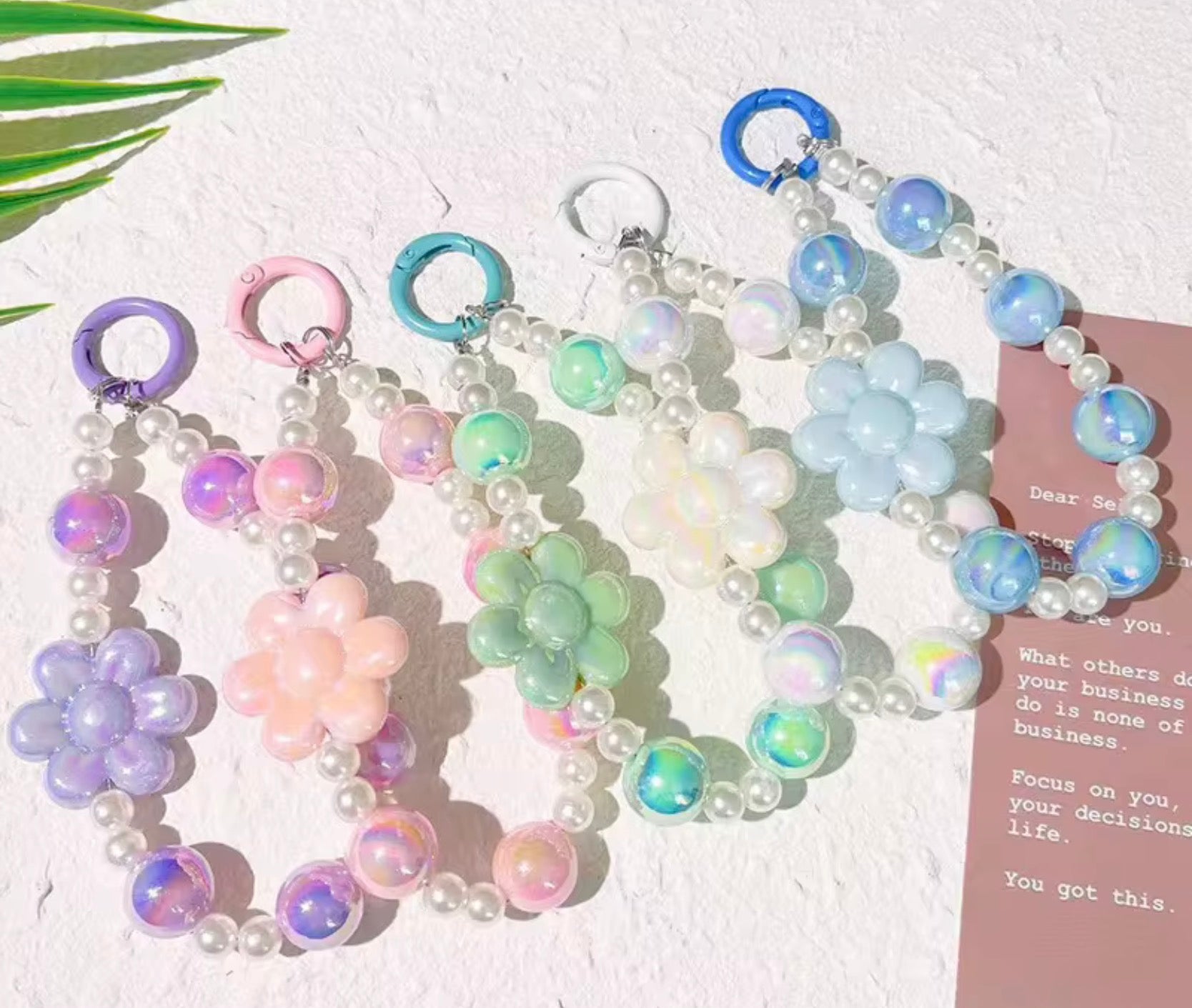Iridescent Flower Beaded Wristlet Keychain