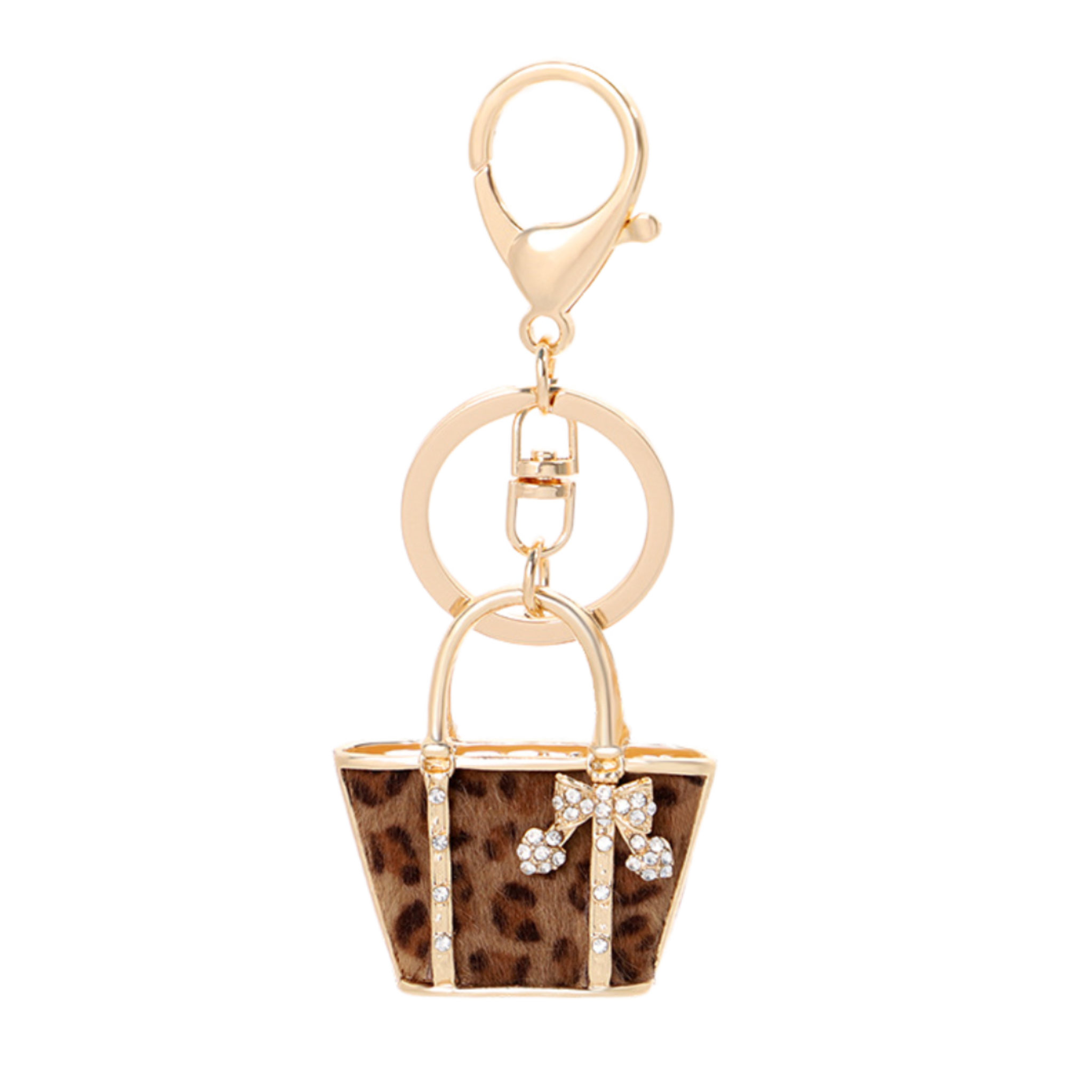 Leopard Print Mini Handbag Keychain with Rhinestone Bow