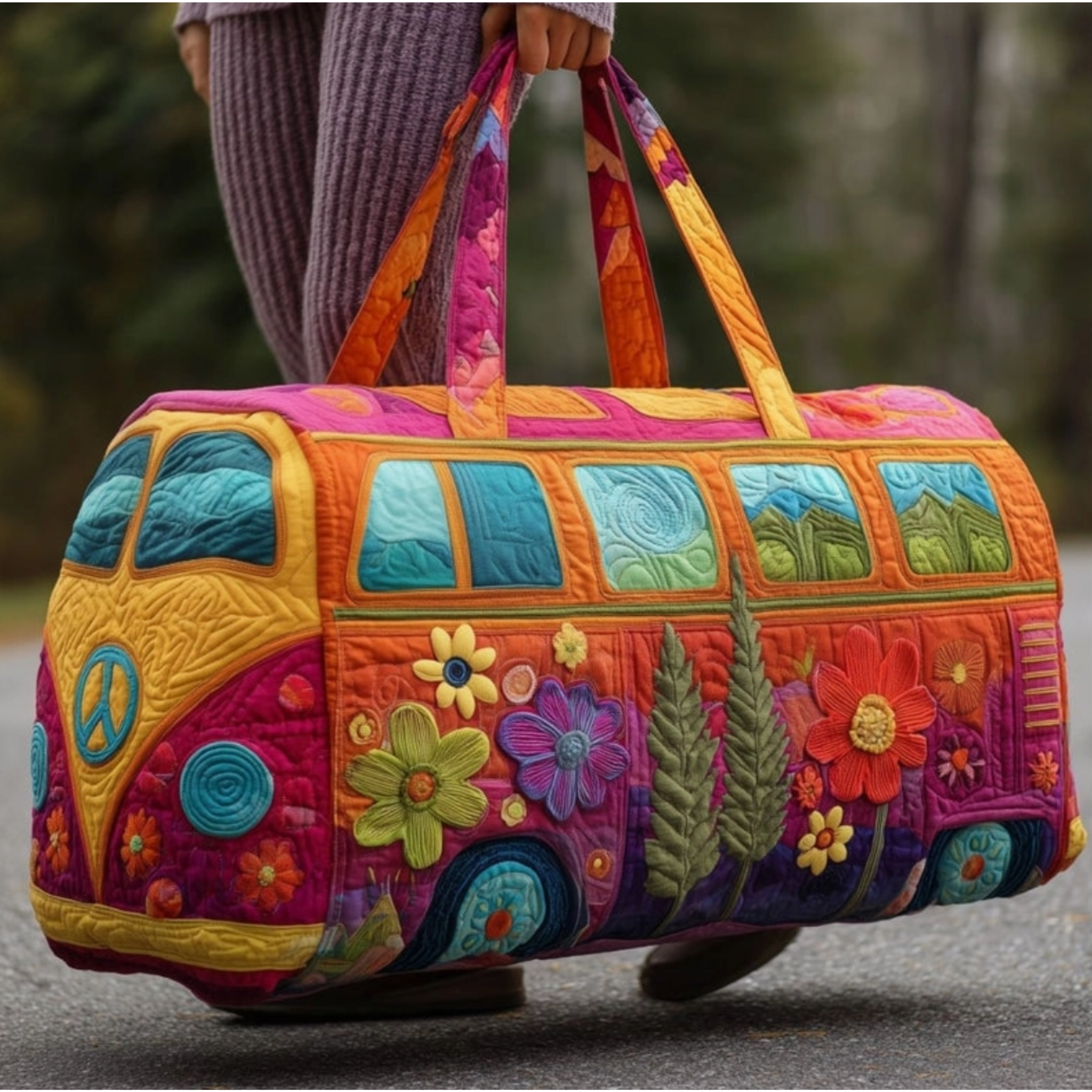 Groovy Peace Bus Quilted Weekender Bag