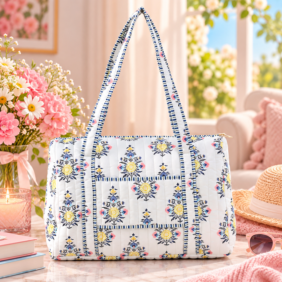 Quilted Floral Weekender Tote Bag