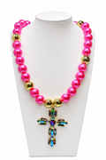 Hot Pink Pearl Cross Statement Necklace