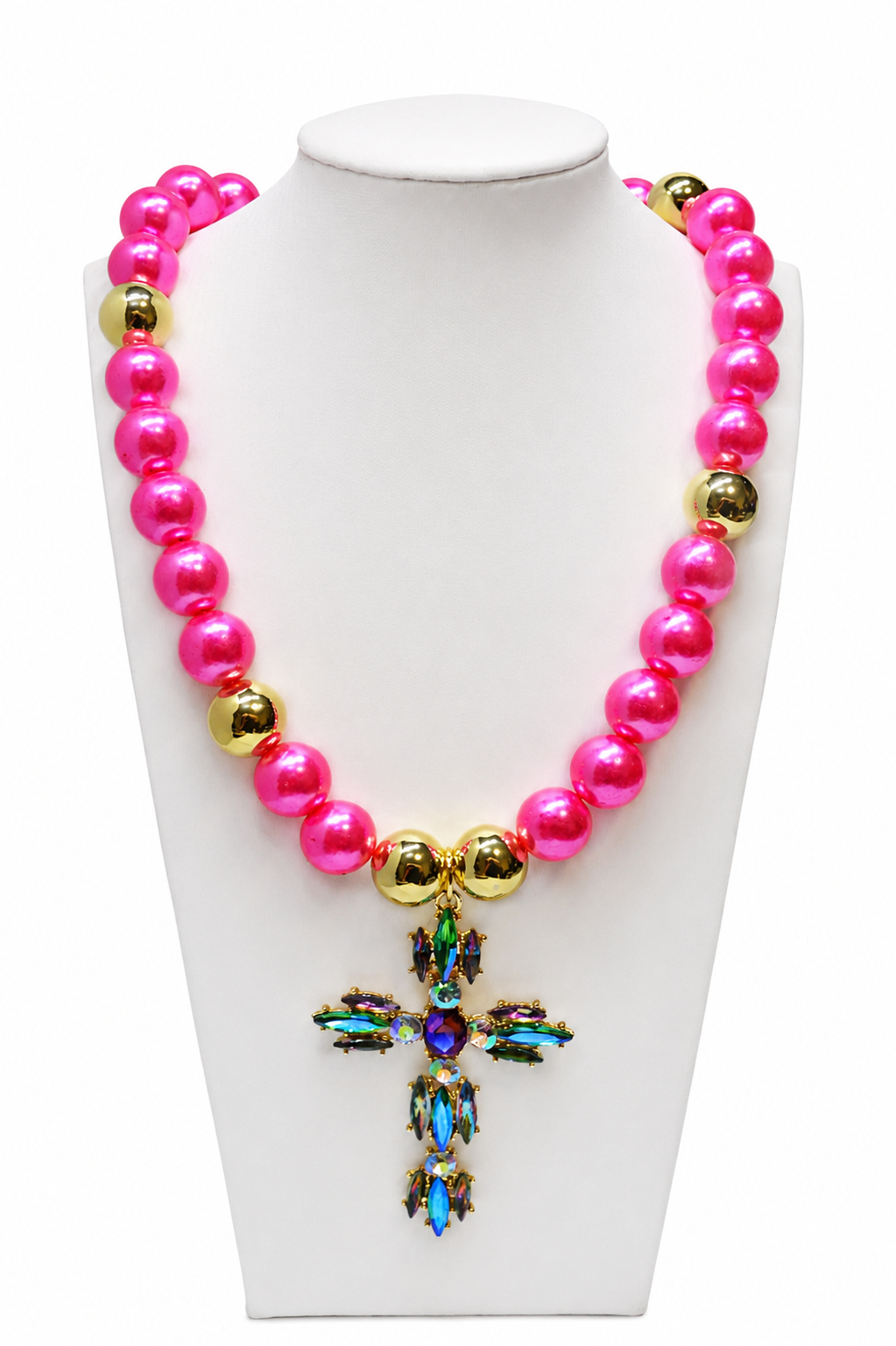 Hot Pink Pearl Cross Statement Necklace