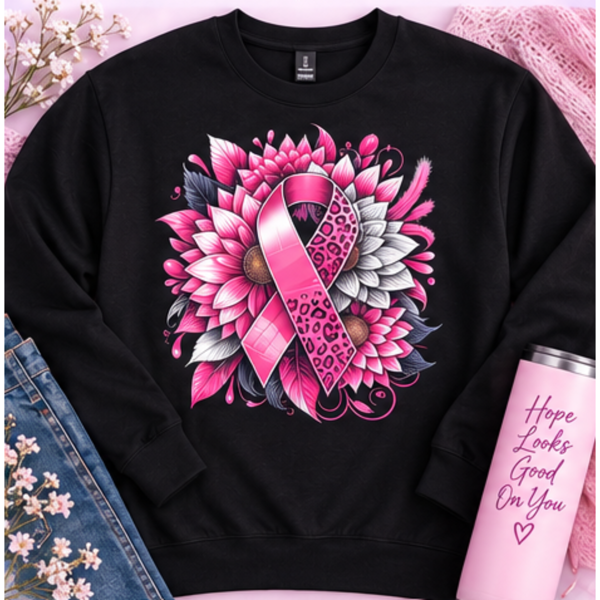 Pink Ribbon Floral Breast Cancer Awareness Sweatshirt