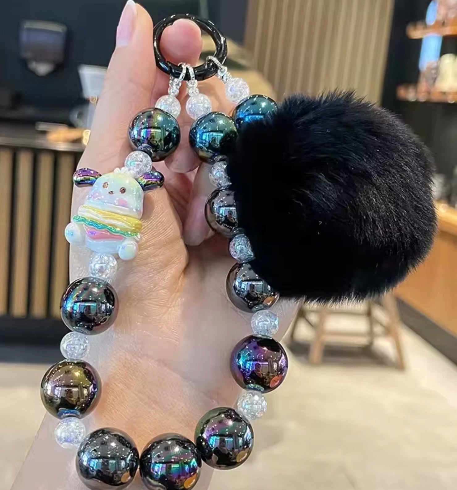 Plush Pom Beaded Wristlet Keychain