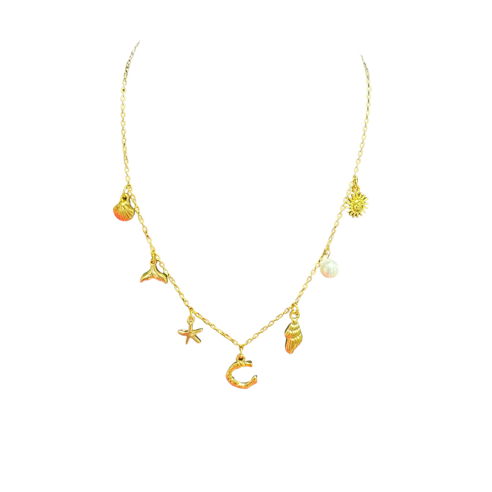 Gold Seashell Initial Charm Necklace
