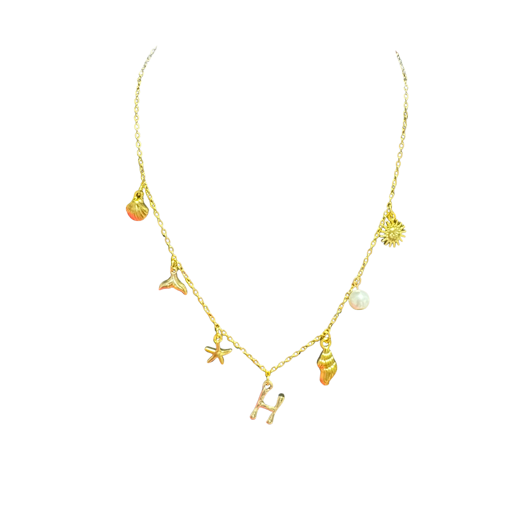 Gold Seashell Initial Charm Necklace