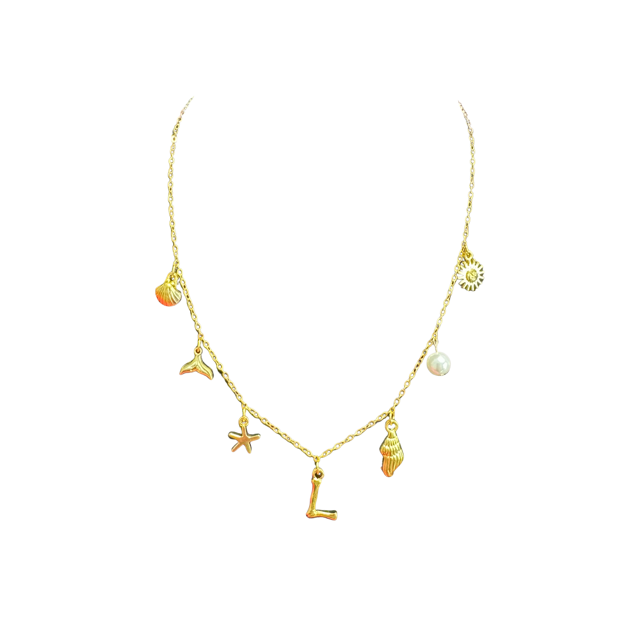 Gold Seashell Initial Charm Necklace