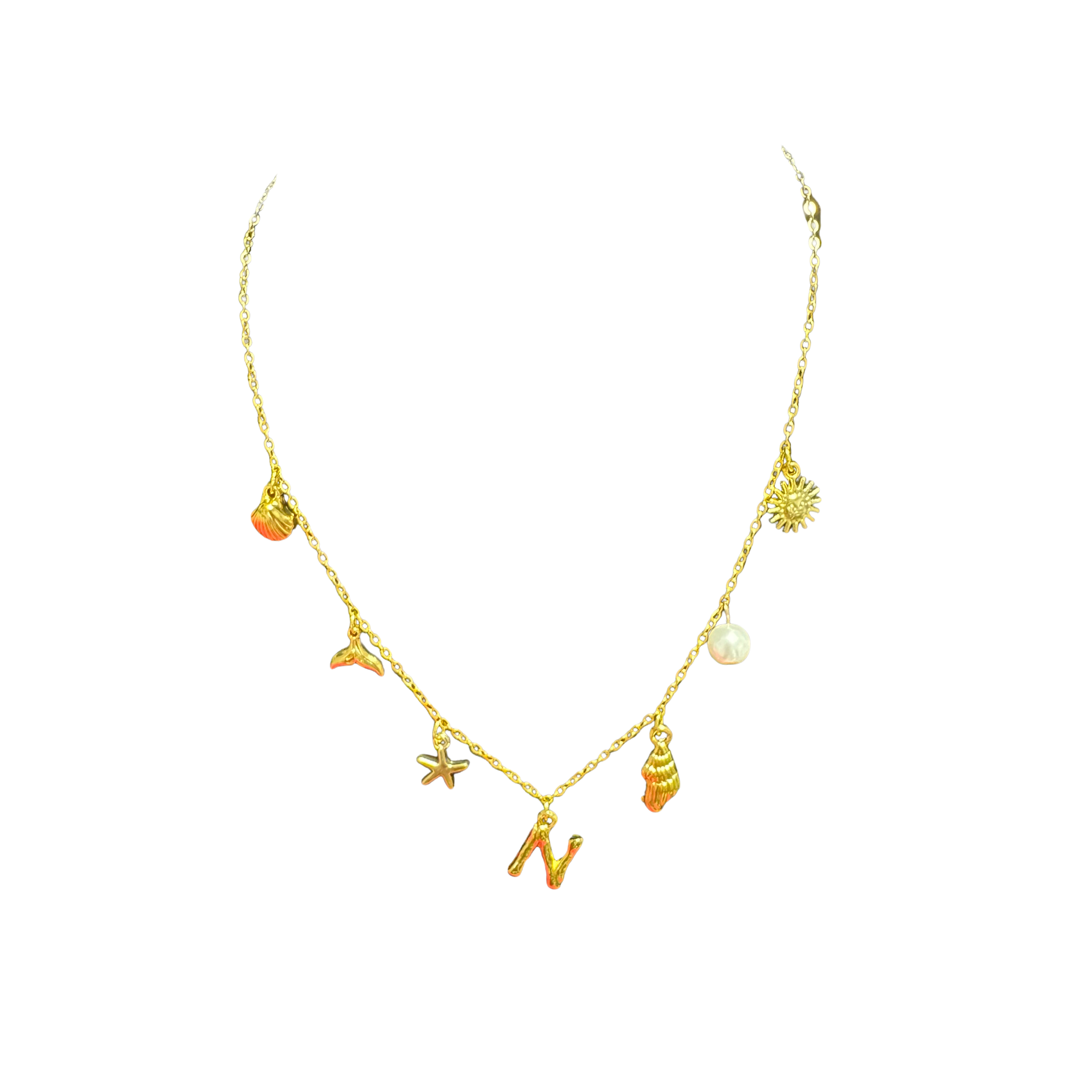 Gold Seashell Initial Charm Necklace