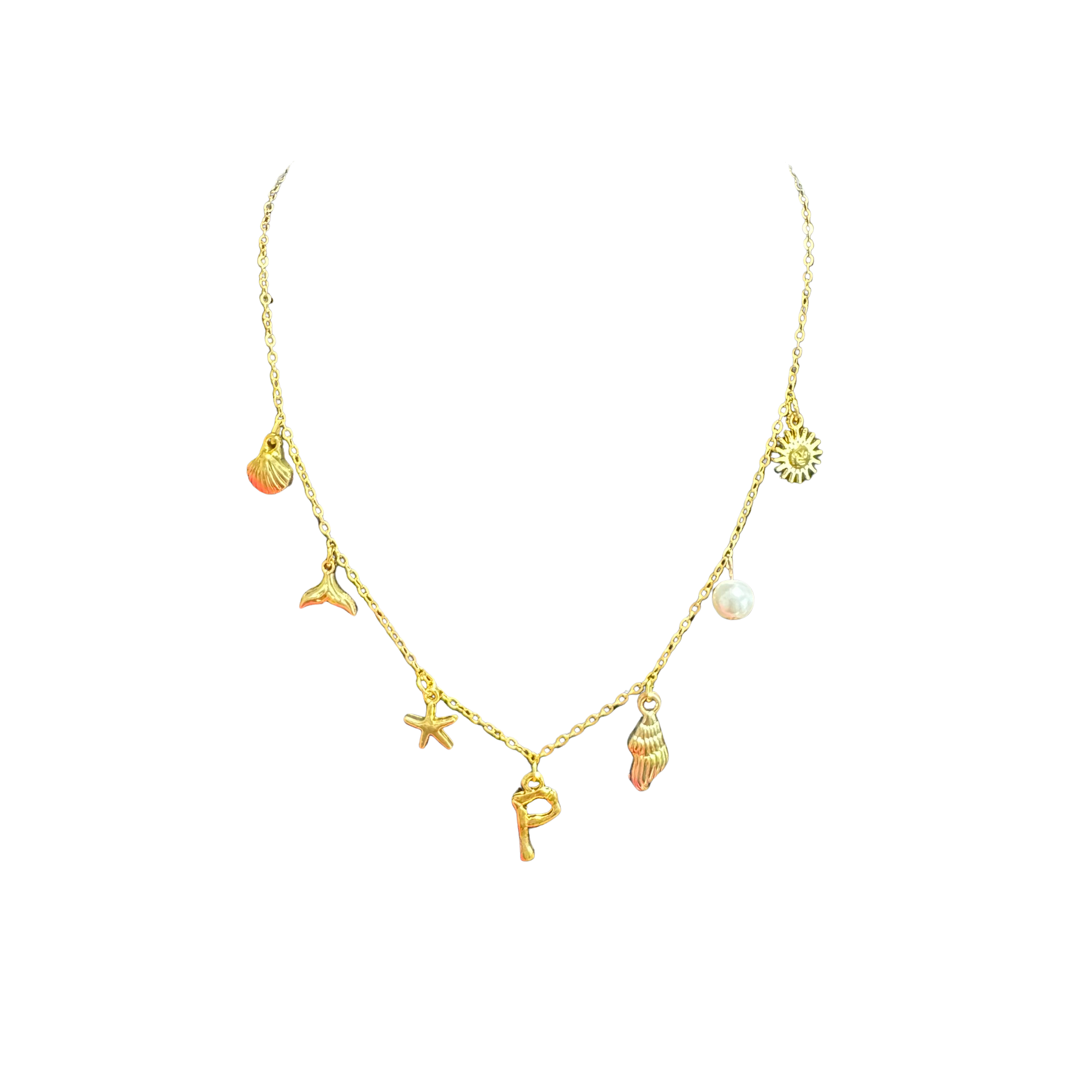 Gold Seashell Initial Charm Necklace