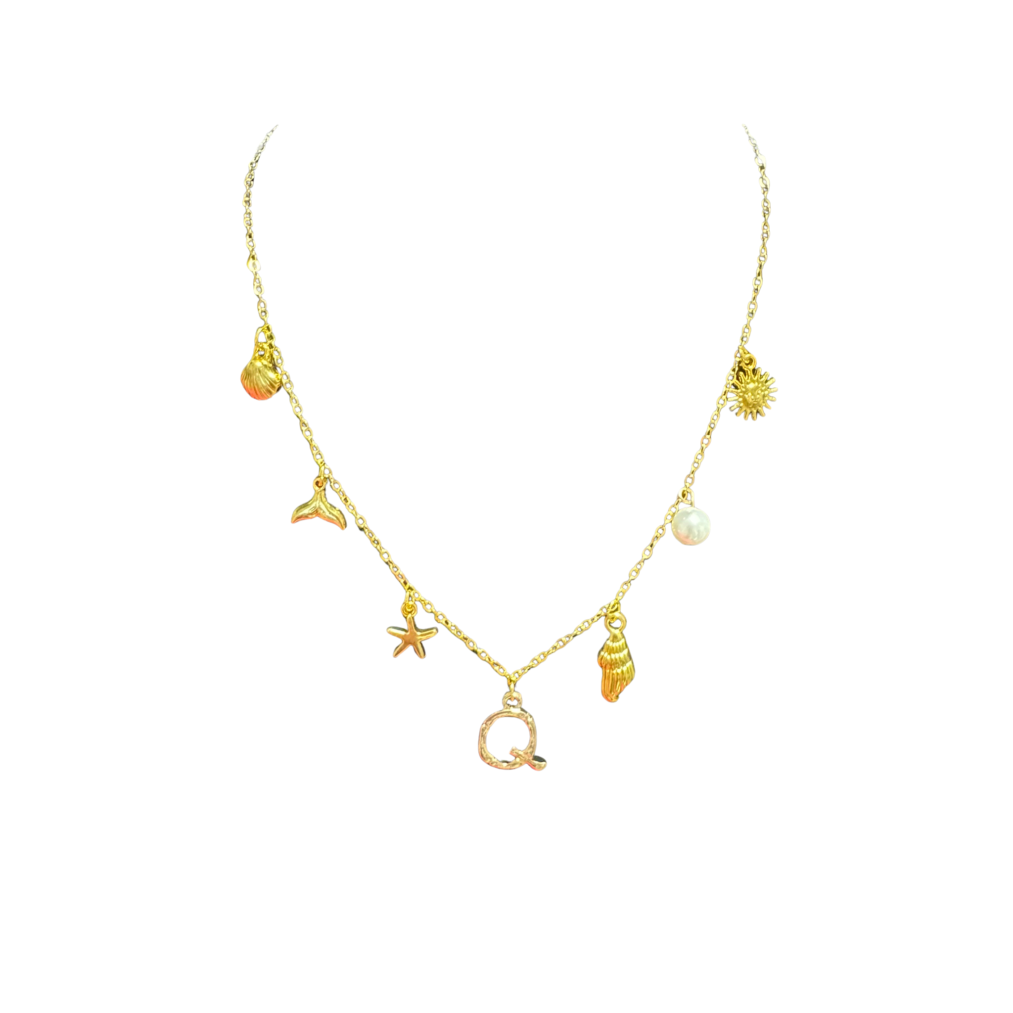 Gold Seashell Initial Charm Necklace