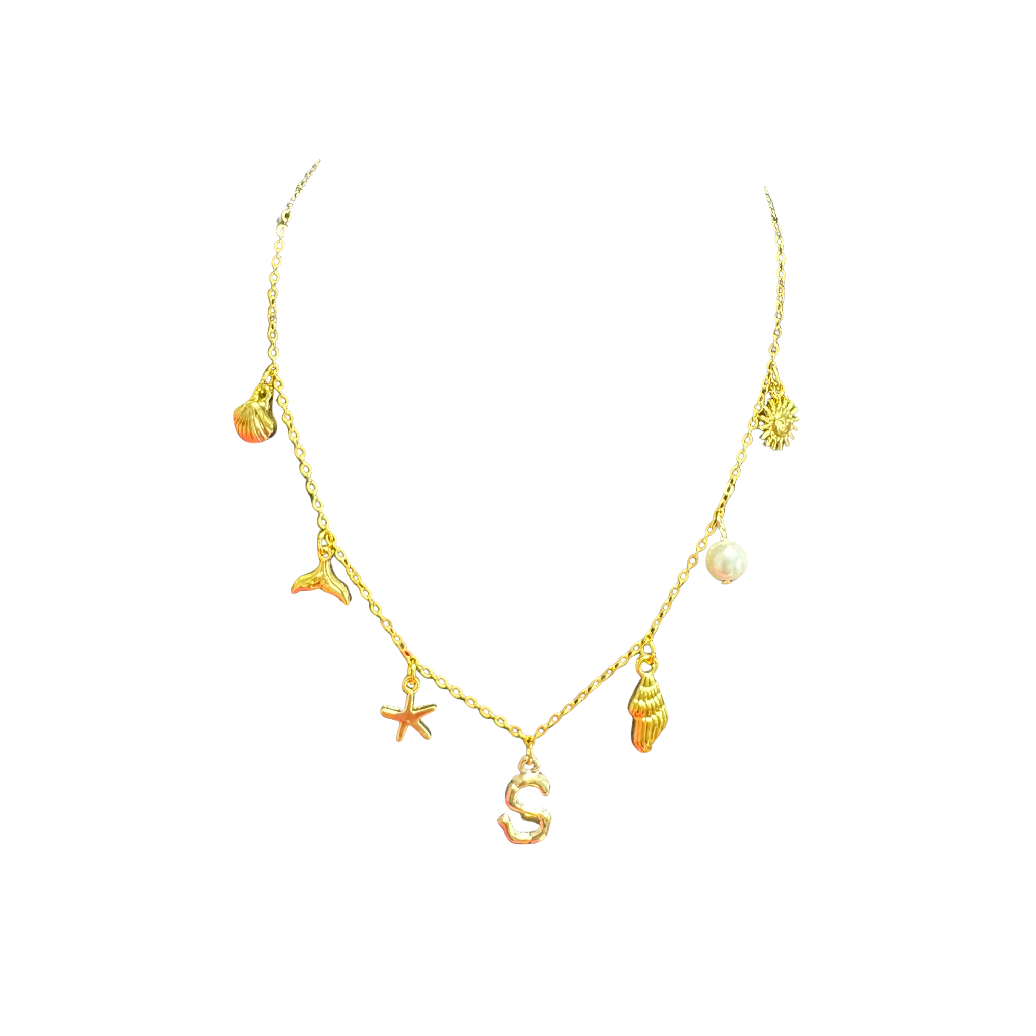 Gold Seashell Initial Charm Necklace
