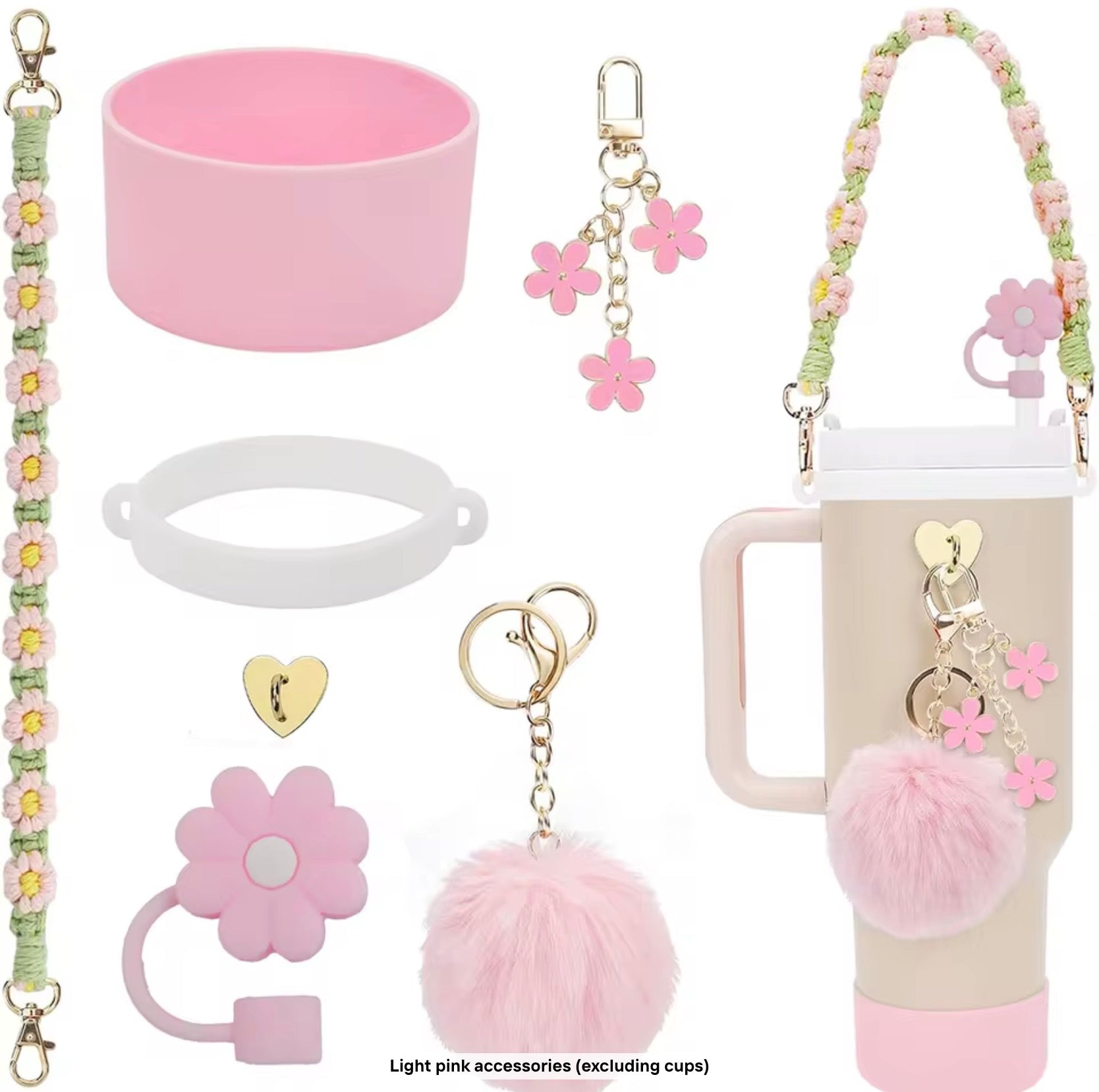 Tumbler Accessory Set with Strap, Charms & Pom
