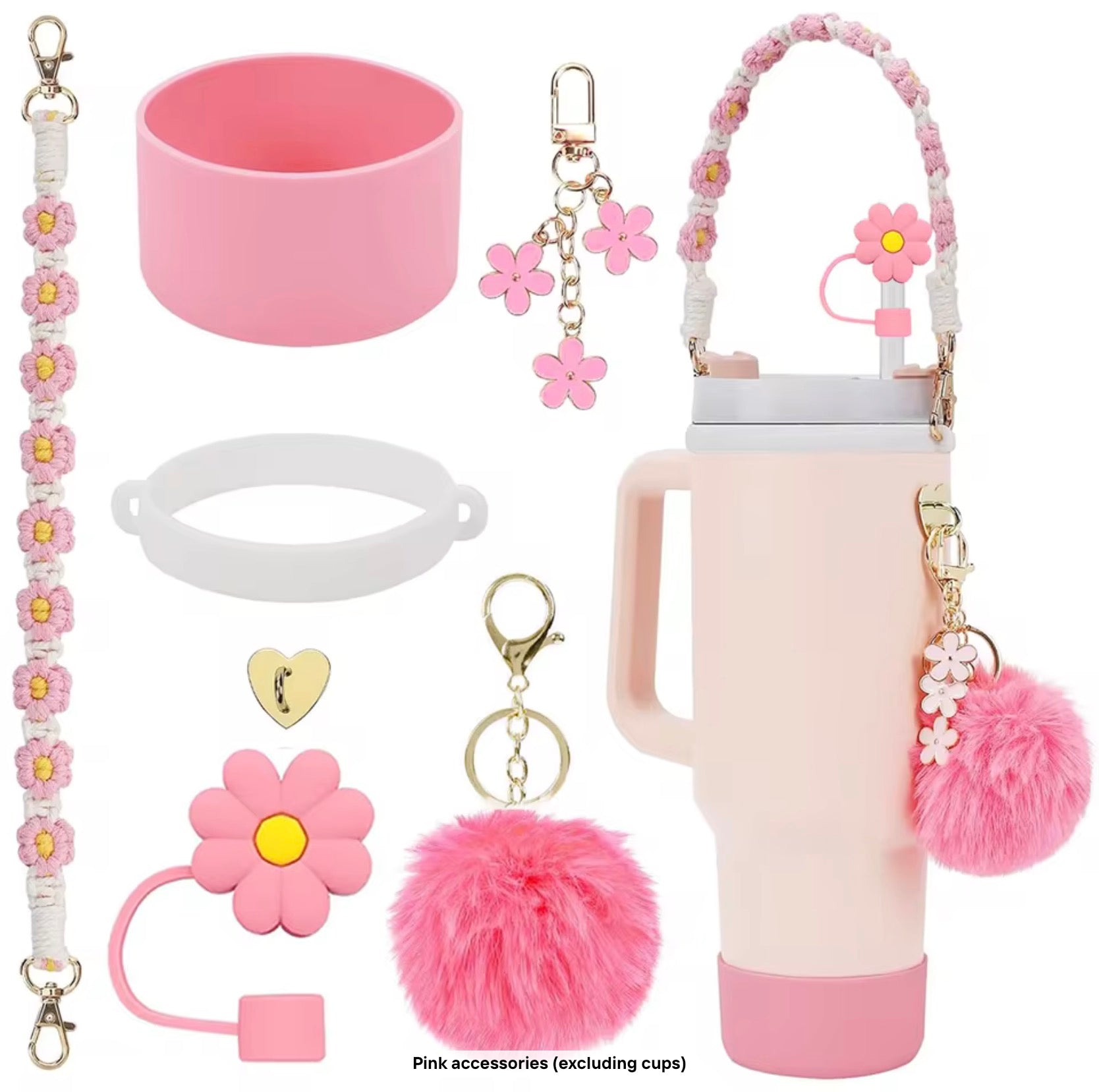 Tumbler Accessory Set with Strap, Charms & Pom