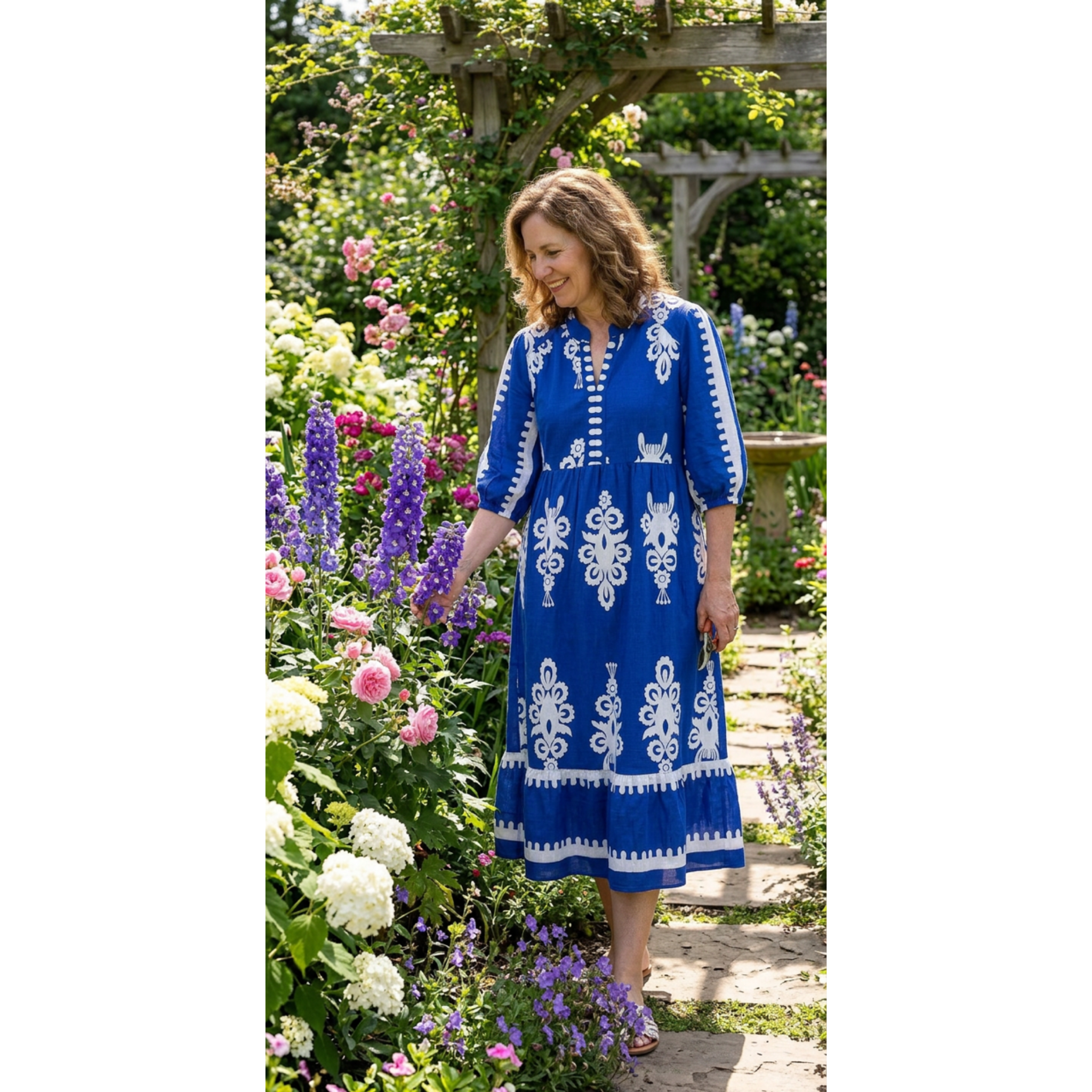 Umgee Blue & White Printed Midi Dress