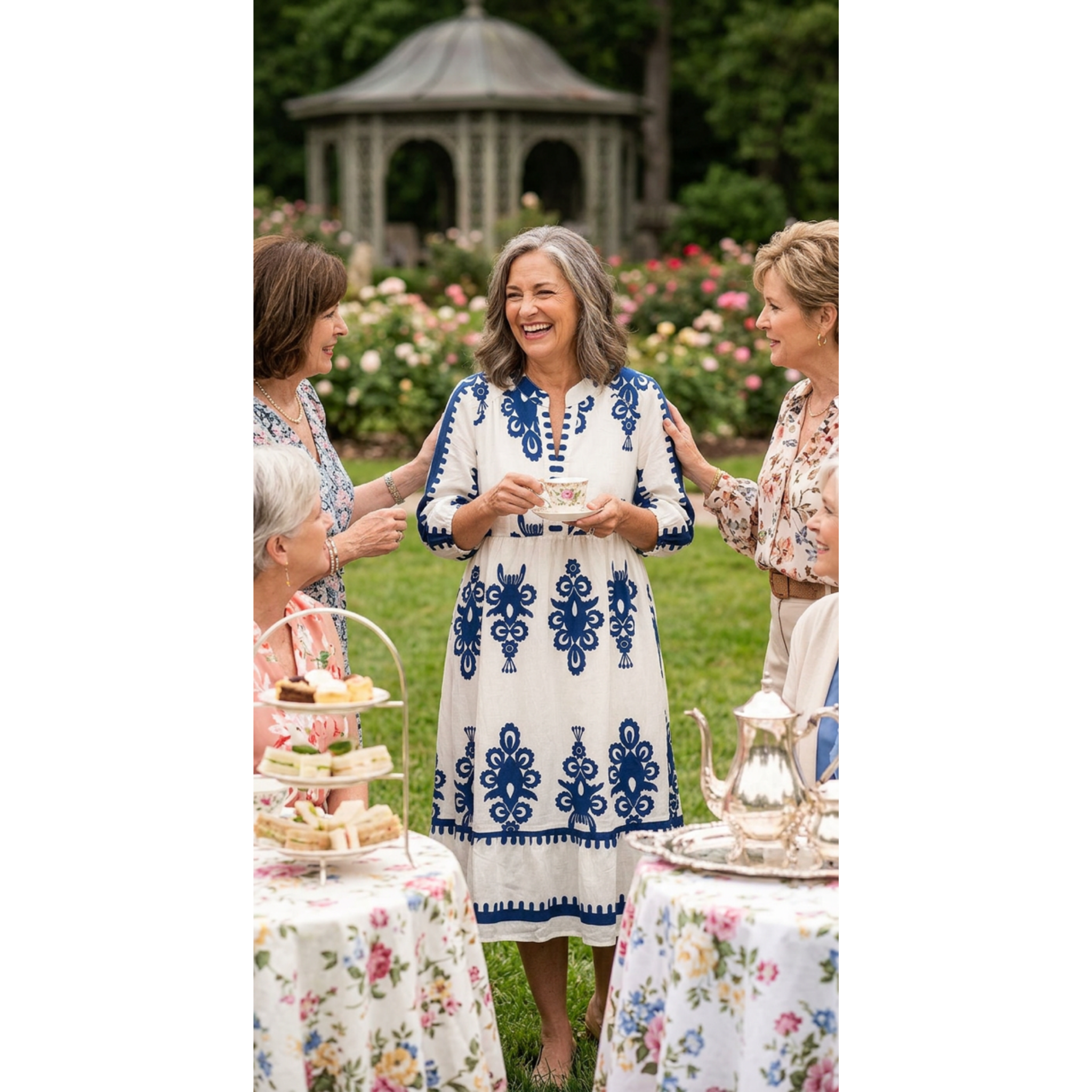 Umgee White & Blue Printed Midi Dress